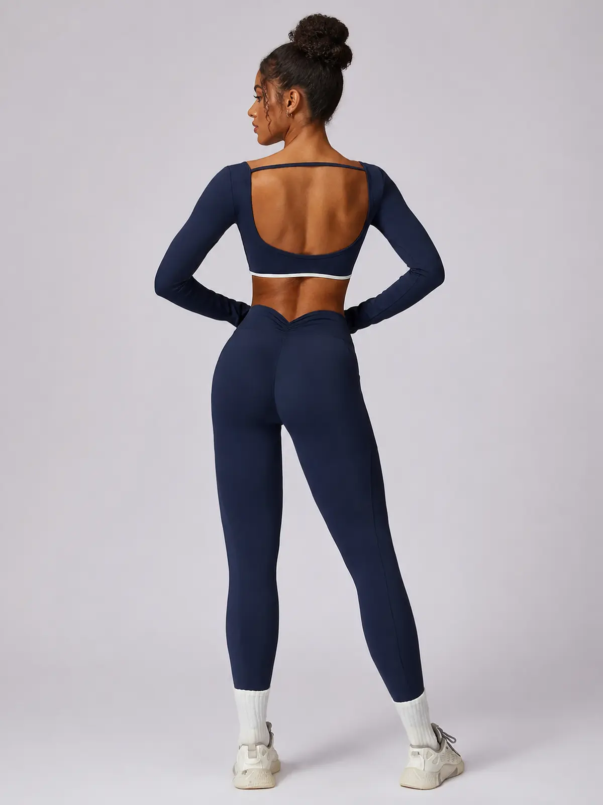 Ember Notion Long-Sleeve Crop Top and Full-Length Leggings Set — navy blue — general — authoritative variation match
