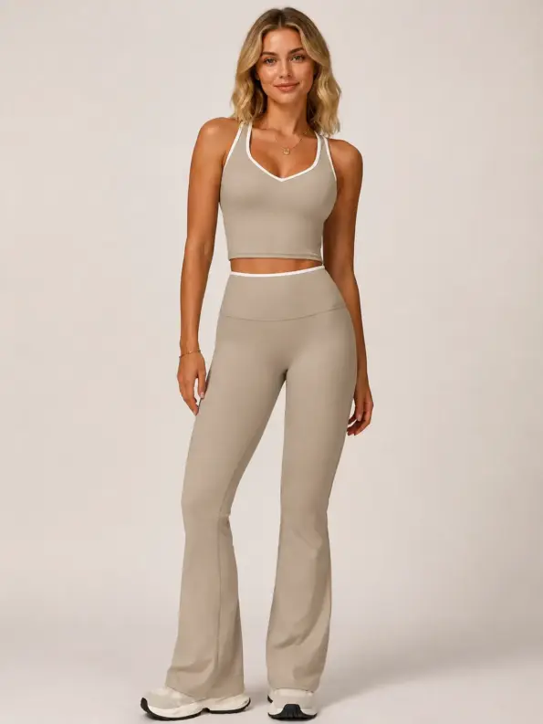 Ember Ripple Tank Top and Flare Leggings Set — khaki/taupe with white contrast trim — general — authoritative variation match