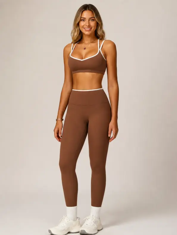 Ember Rook Sports Bra and Full-Length Leggings Set — tea brown with white contrast trim — general — authoritative variation match