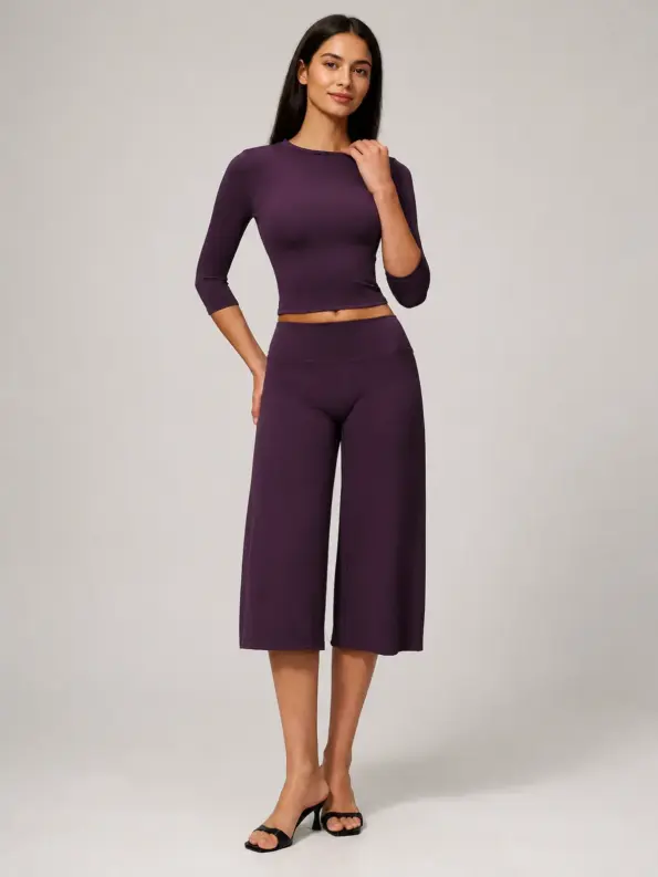 Evening Arc Crop Top and Wide-Leg Cropped Pants Set — dark purple — general — authoritative variation image