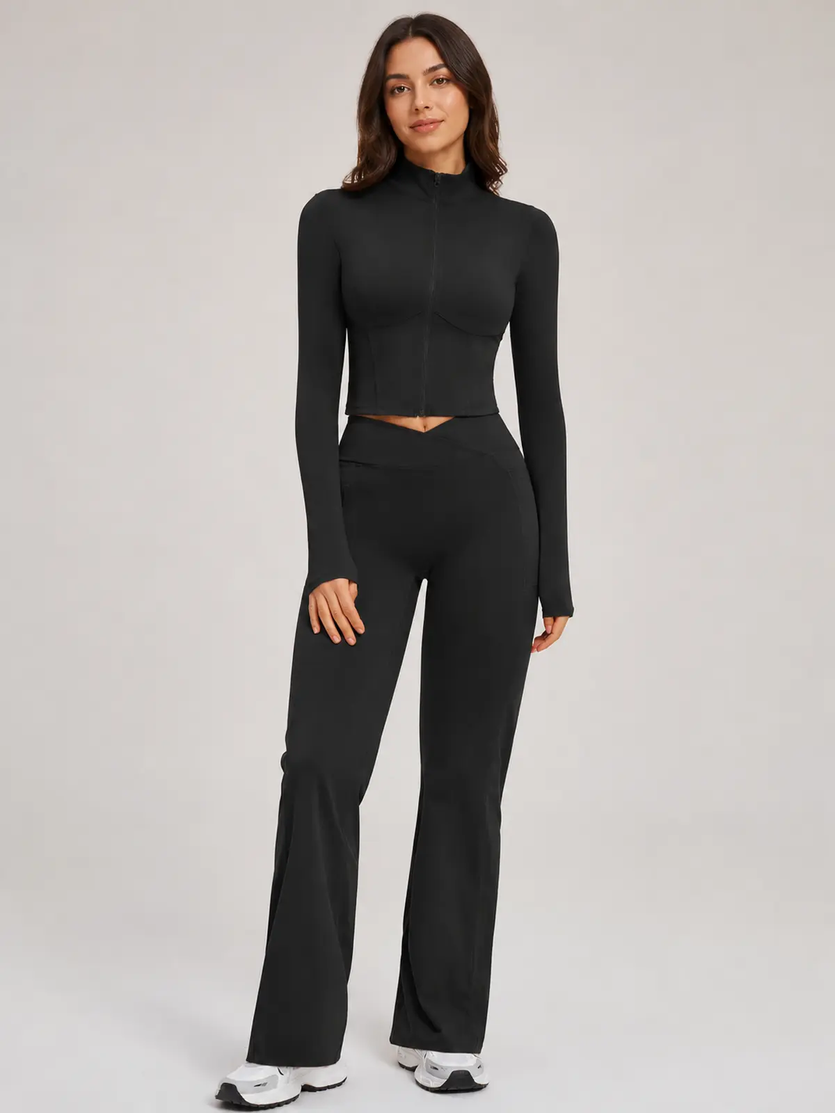 Garnet Frame Zip-Front Jacket and Flare Leggings Set — black — general — authoritative variation match