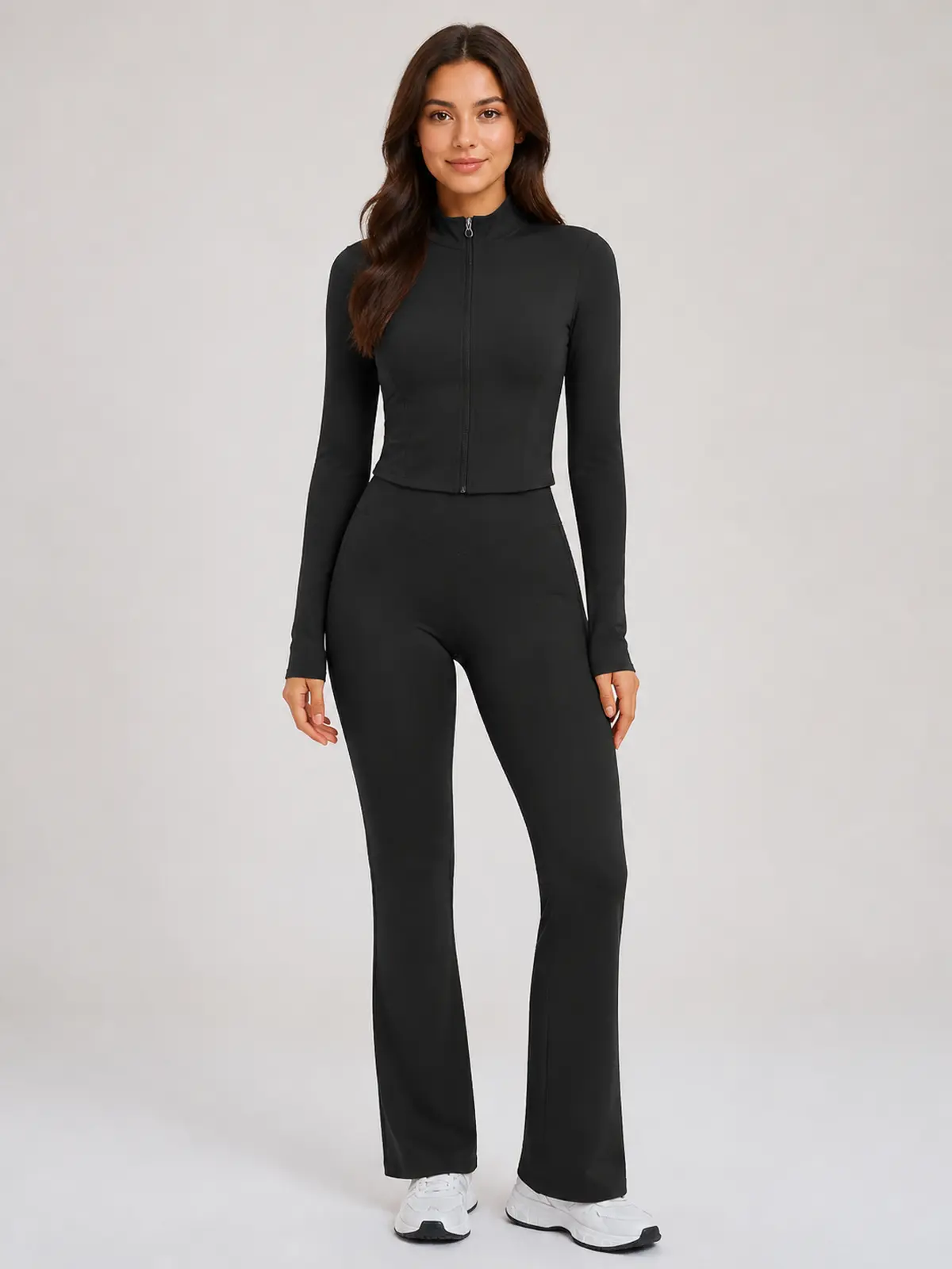Garnet Frame Zip-Front Jacket and Flare Leggings Set — black — general — authoritative variation match