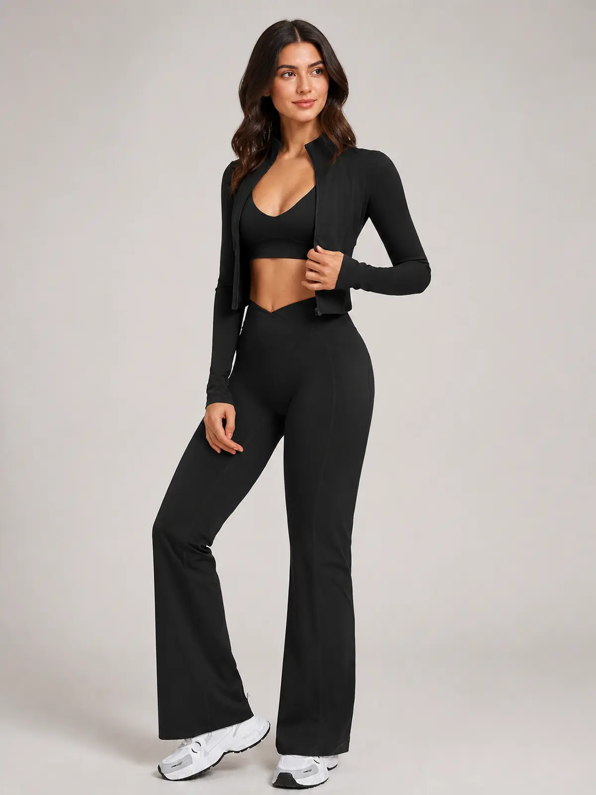 Garnet Frame Zip-Front Jacket and Flare Leggings Set — black — general — authoritative variation match
