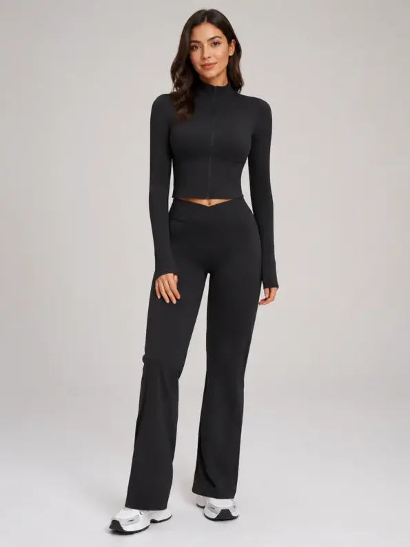 Garnet Frame Zip-Front Jacket and Flare Leggings Set — black — general — authoritative variation match