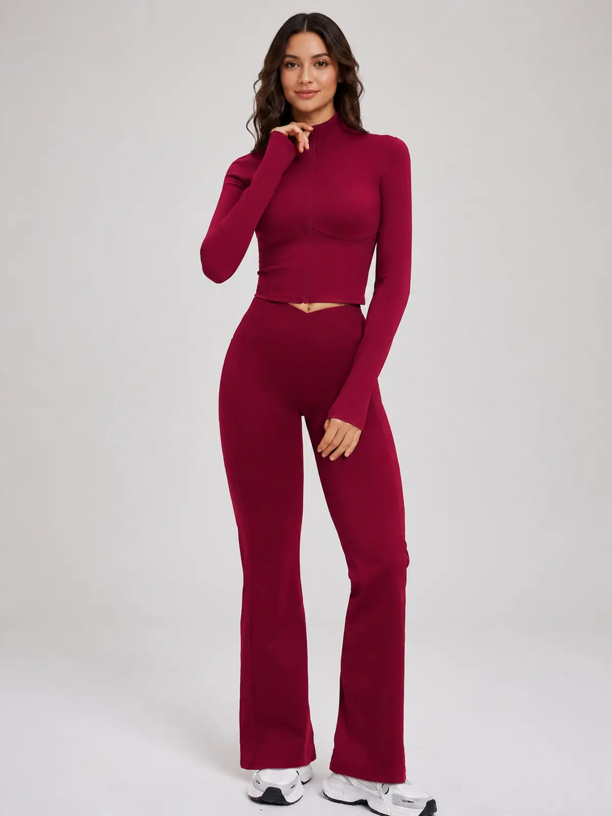Garnet Frame Zip-Front Jacket and Flare Leggings Set — burgundy red — general — authoritative variation match