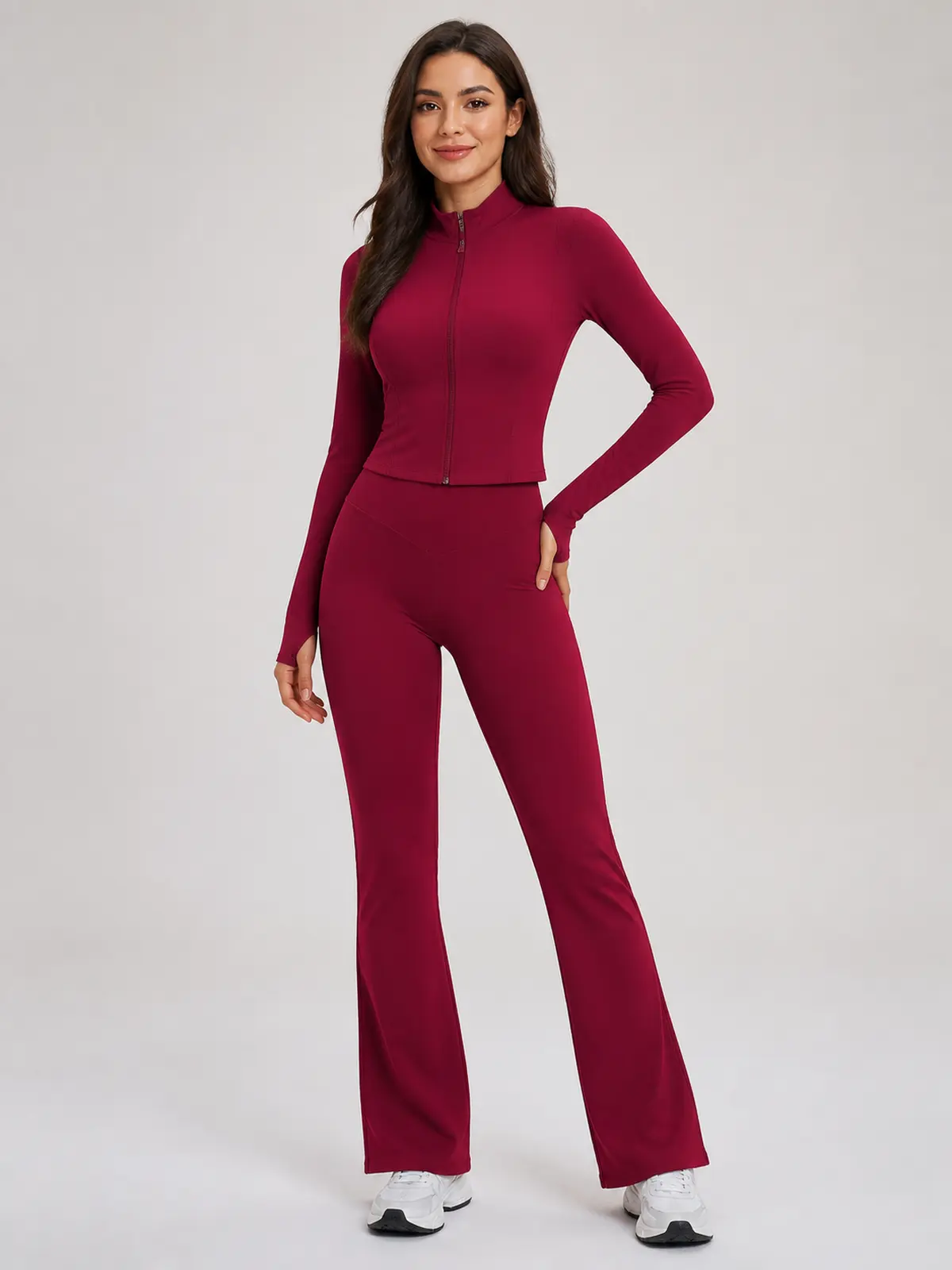Garnet Frame Zip-Front Jacket and Flare Leggings Set — burgundy red — general — authoritative variation match