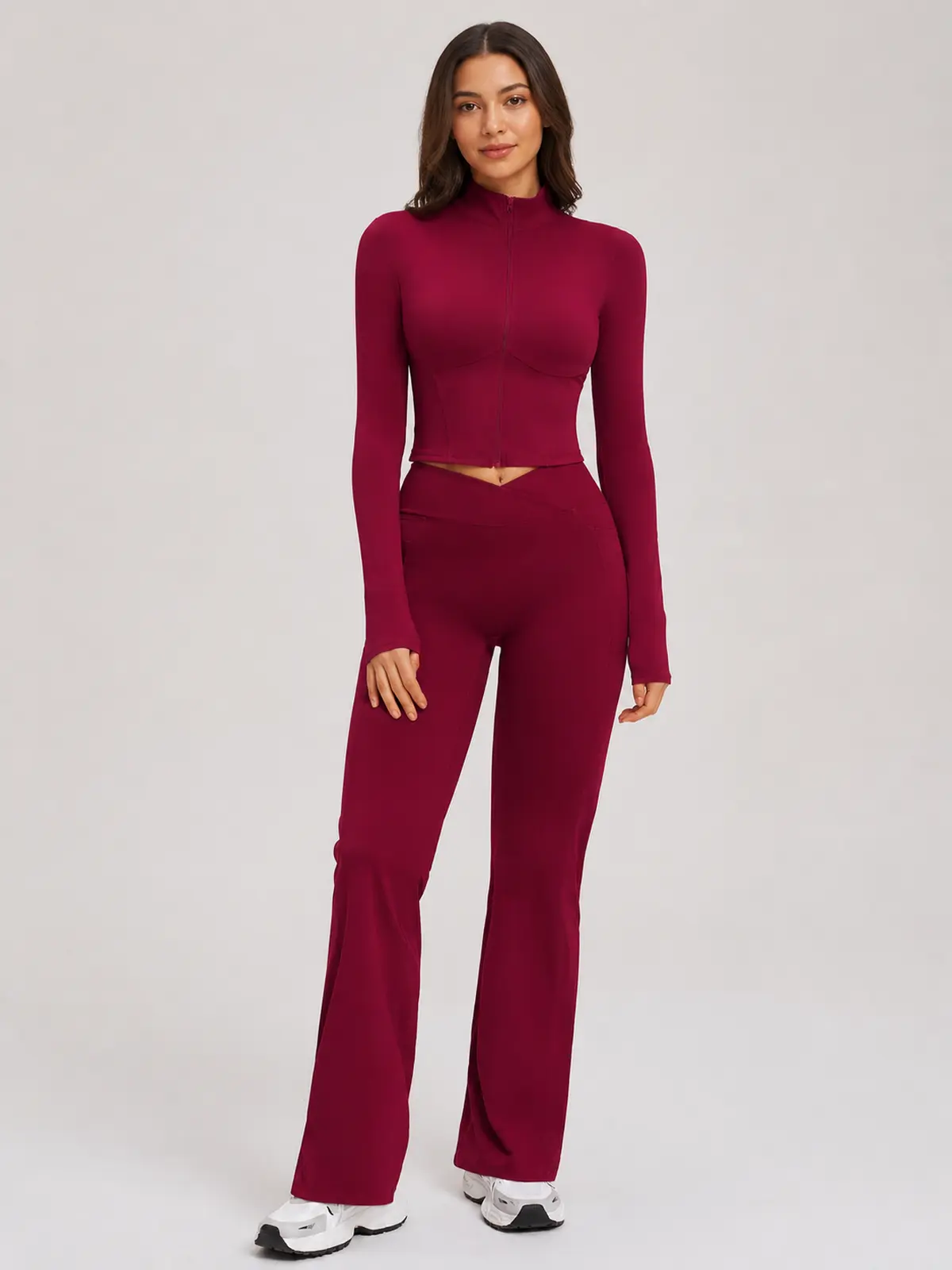 Garnet Frame Zip-Front Jacket and Flare Leggings Set — burgundy red — general — authoritative variation match