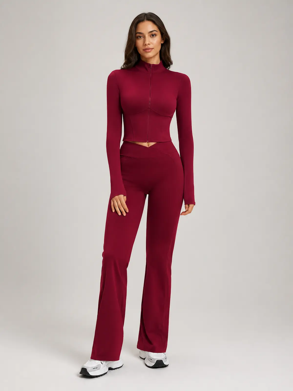 Garnet Frame Zip-Front Jacket and Flare Leggings Set — burgundy red — general — authoritative variation match