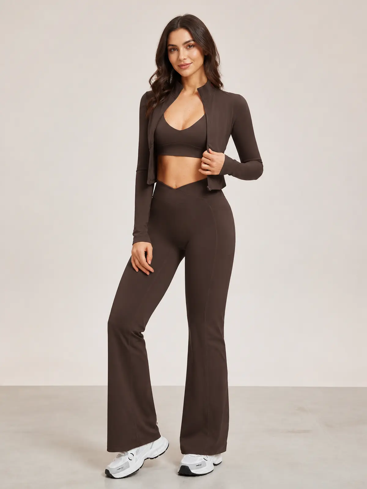 Garnet Frame Zip-Front Jacket and Flare Leggings Set — dark brown — general — authoritative variation match