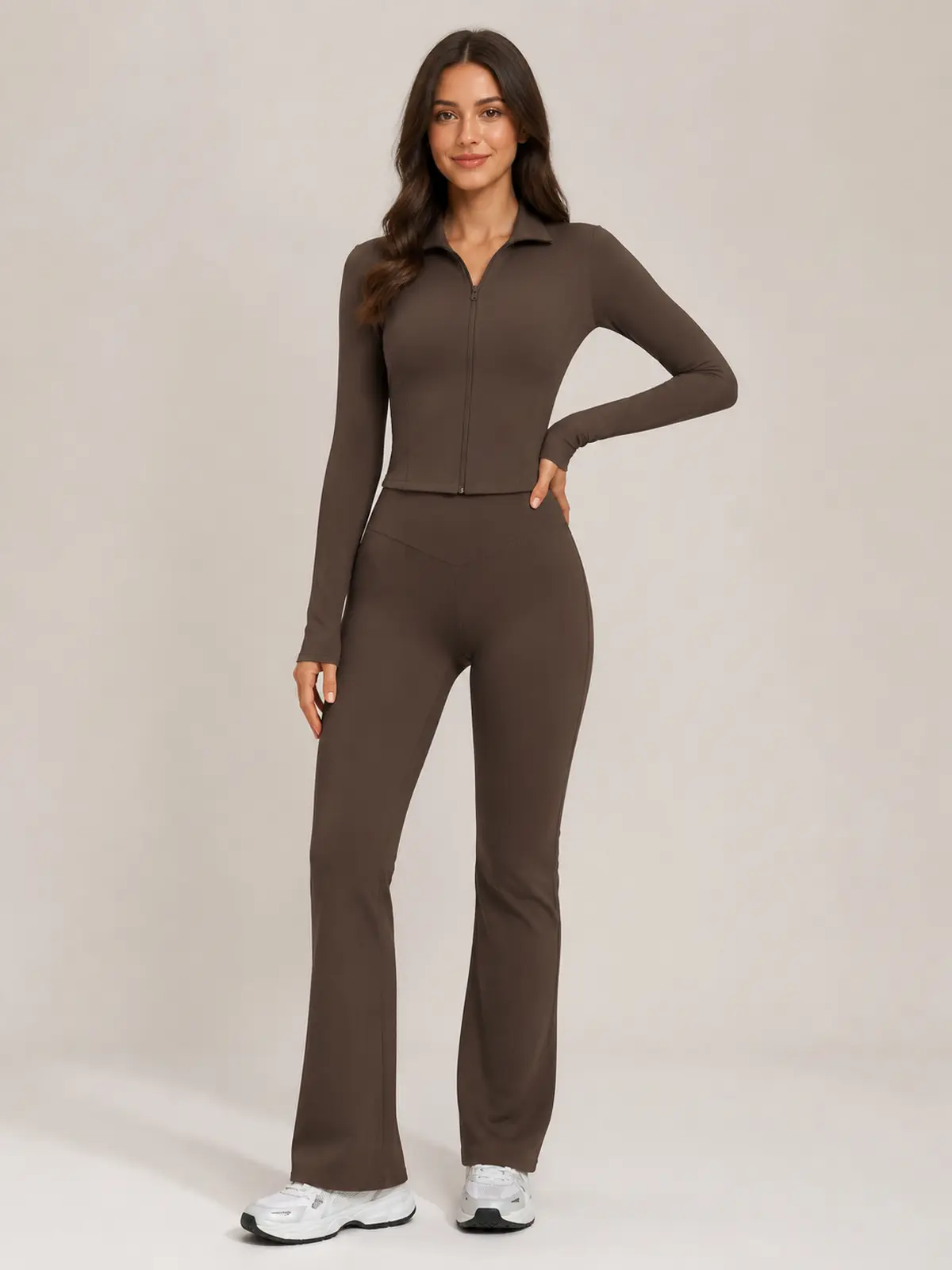 Garnet Frame Zip-Front Jacket and Flare Leggings Set — dark brown — general — authoritative variation match