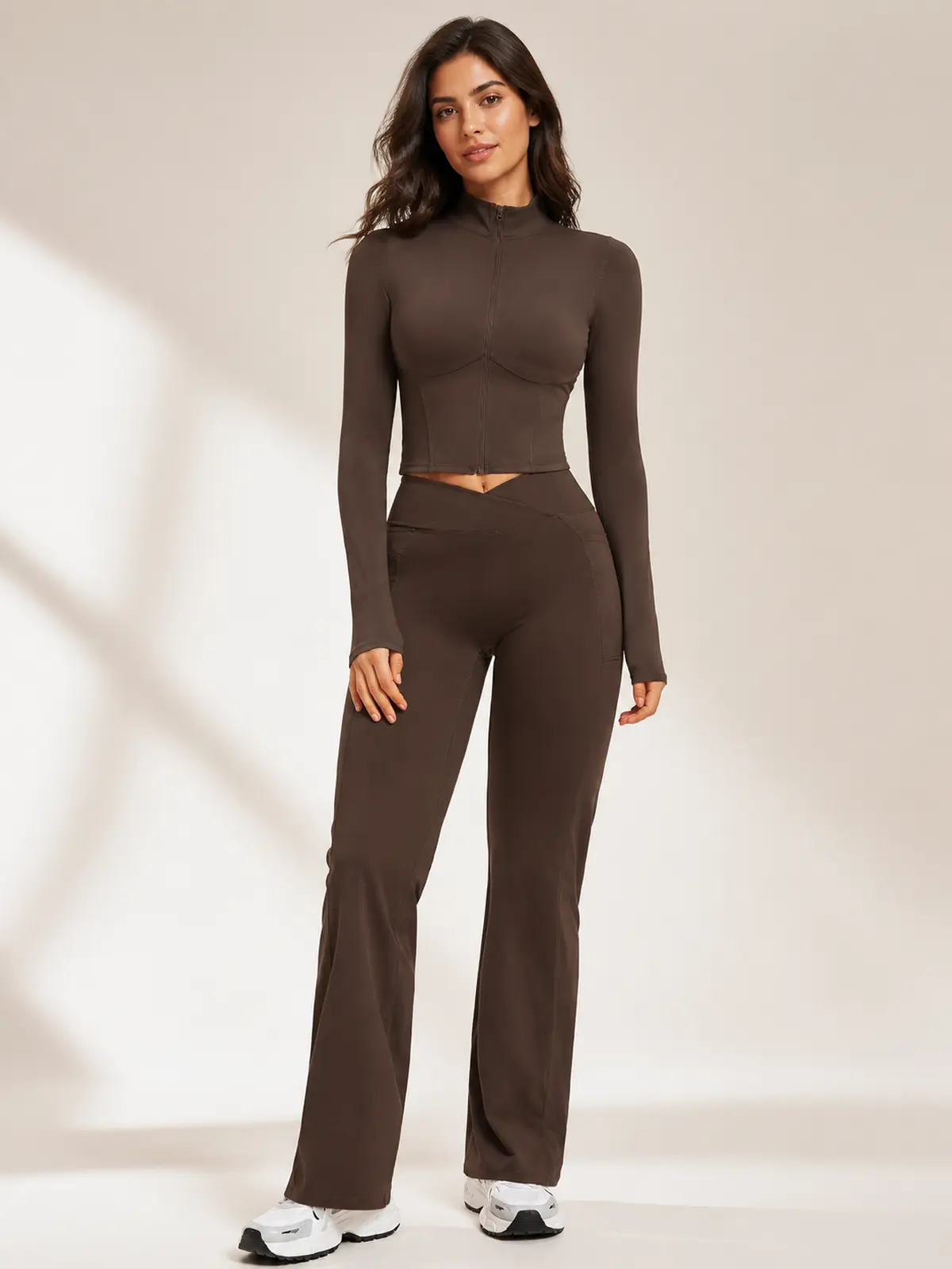 Garnet Frame Zip-Front Jacket and Flare Leggings Set — dark brown — general — authoritative variation match