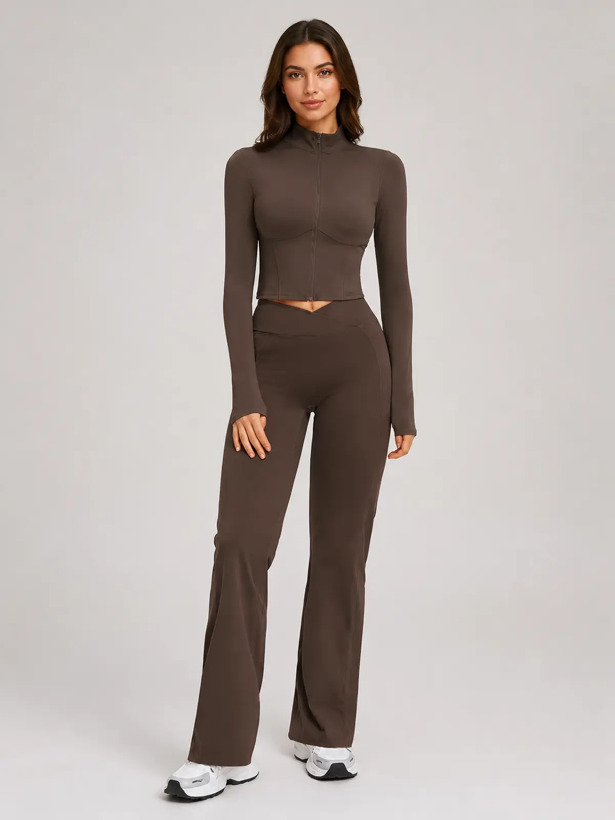 Garnet Frame Zip-Front Jacket and Flare Leggings Set — dark brown — general — authoritative variation match