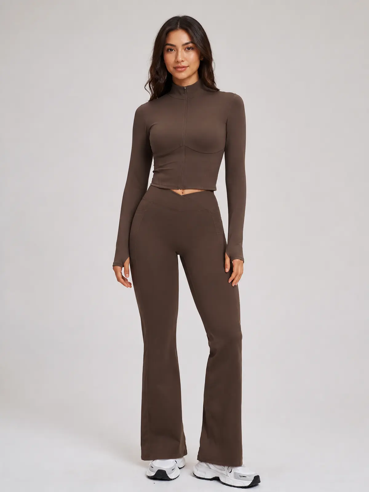 Garnet Frame Zip-Front Jacket and Flare Leggings Set — dark brown — general — authoritative variation match