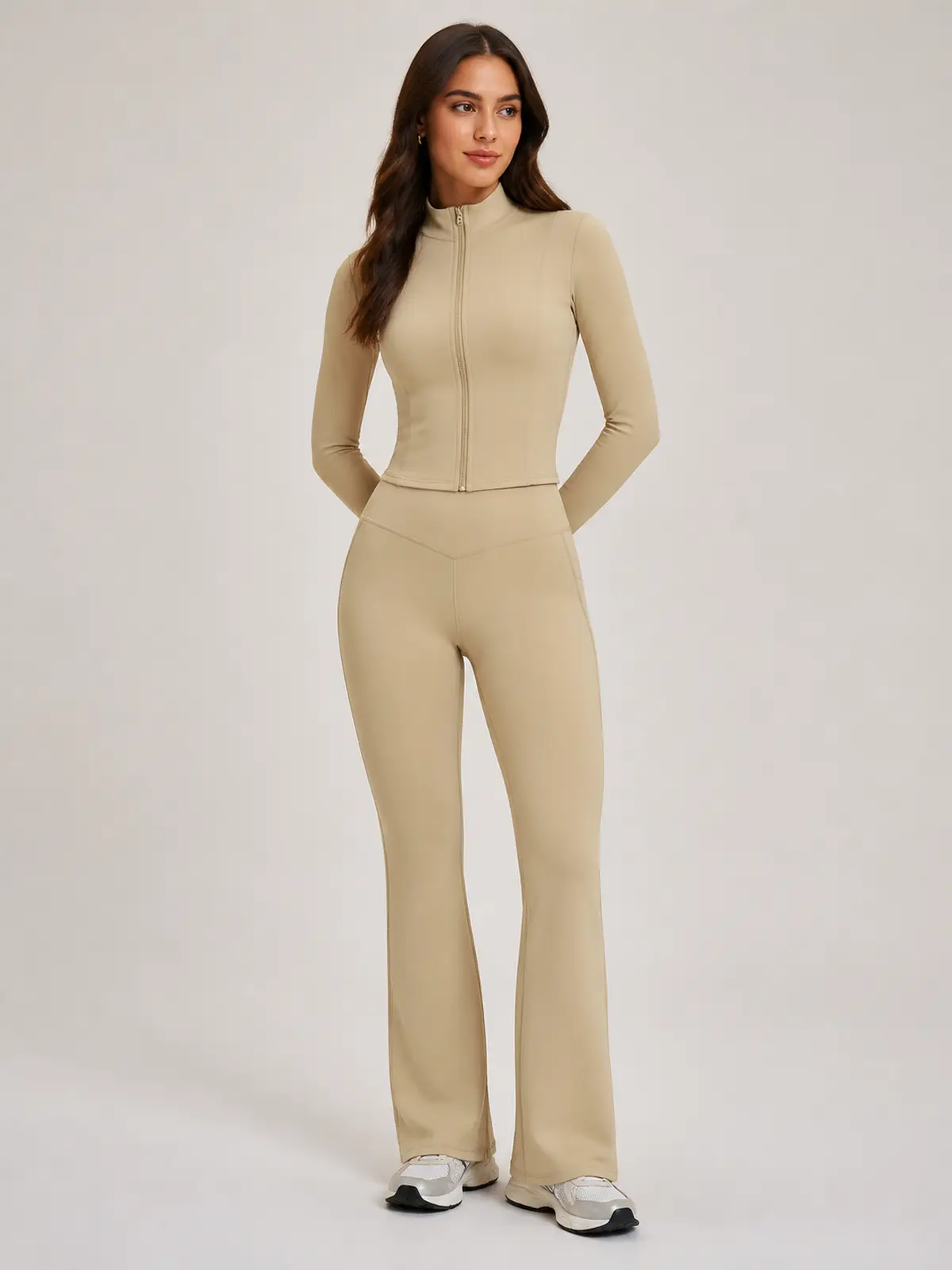 Garnet Frame Zip-Front Jacket and Flare Leggings Set — light camel beige — general — authoritative variation match
