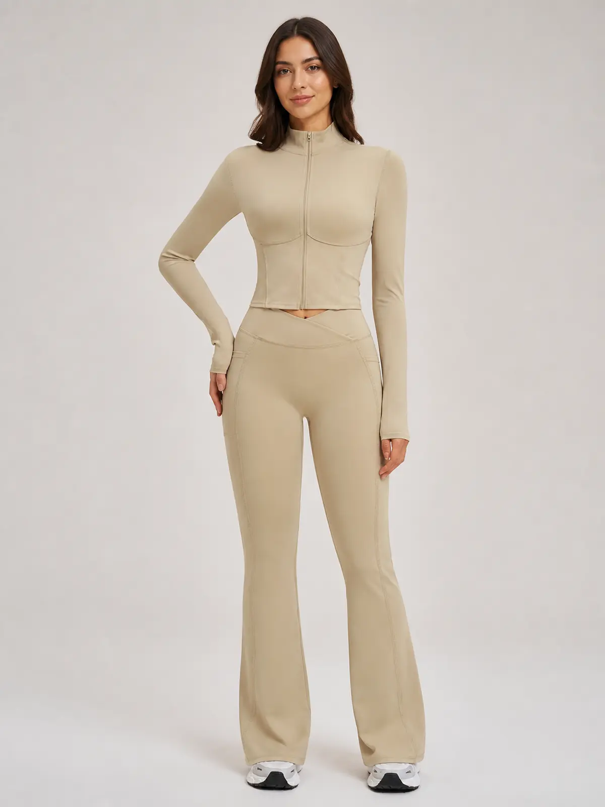 Garnet Frame Zip-Front Jacket and Flare Leggings Set — light camel beige — general — authoritative variation match