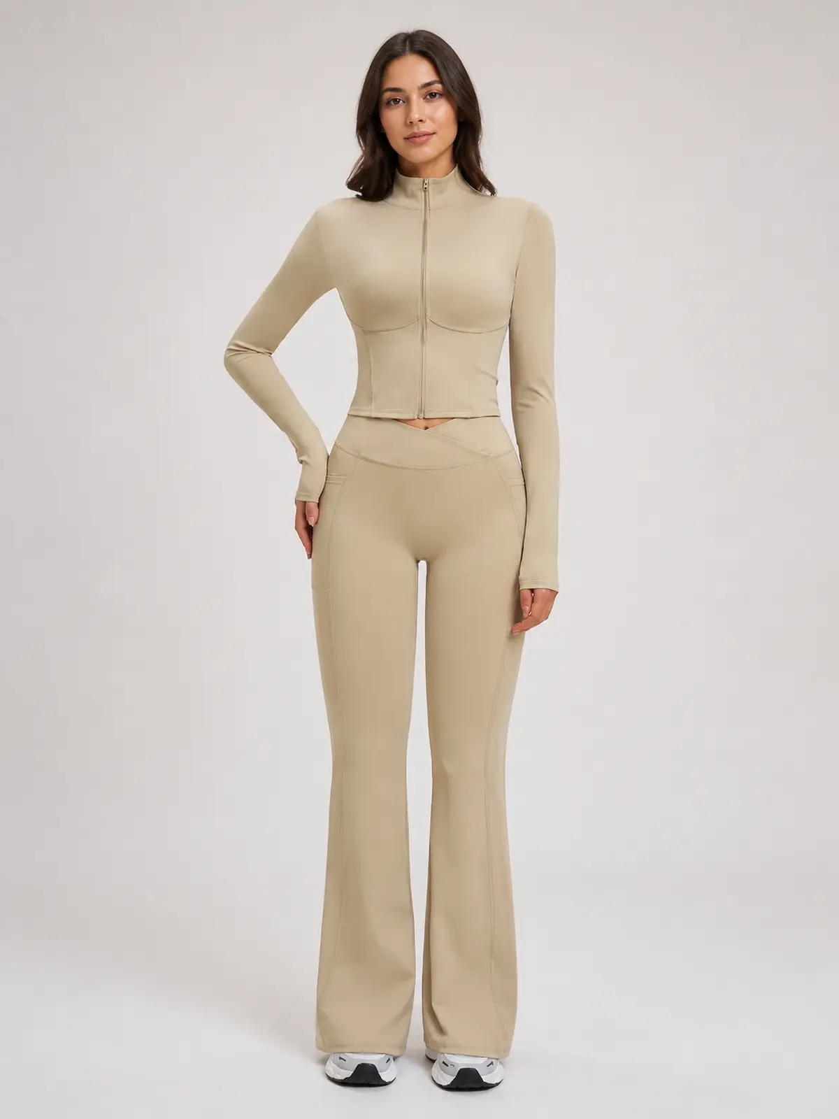 Garnet Frame Zip-Front Jacket and Flare Leggings Set — light camel beige — general — authoritative variation match