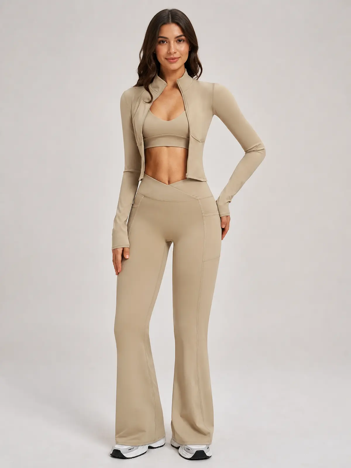 Garnet Frame Zip-Front Jacket and Flare Leggings Set — light camel beige — general — authoritative variation match