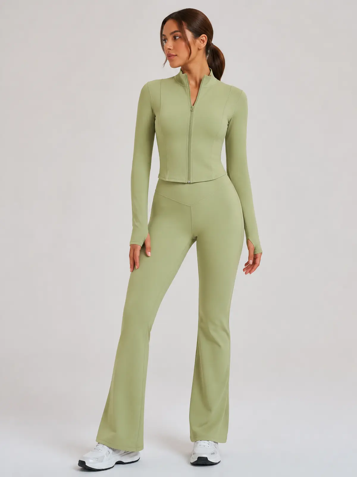 Garnet Frame Zip-Front Jacket and Flare Leggings Set — light sage green — general — authoritative variation match