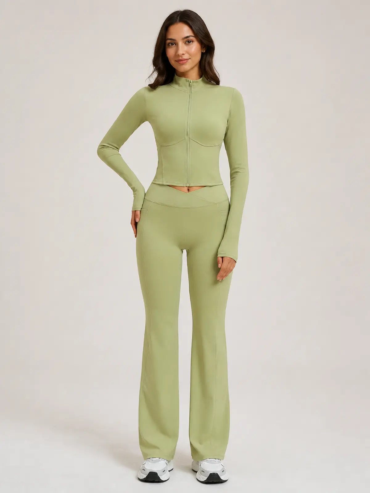 Garnet Frame Zip-Front Jacket and Flare Leggings Set — light sage green — general — authoritative variation match