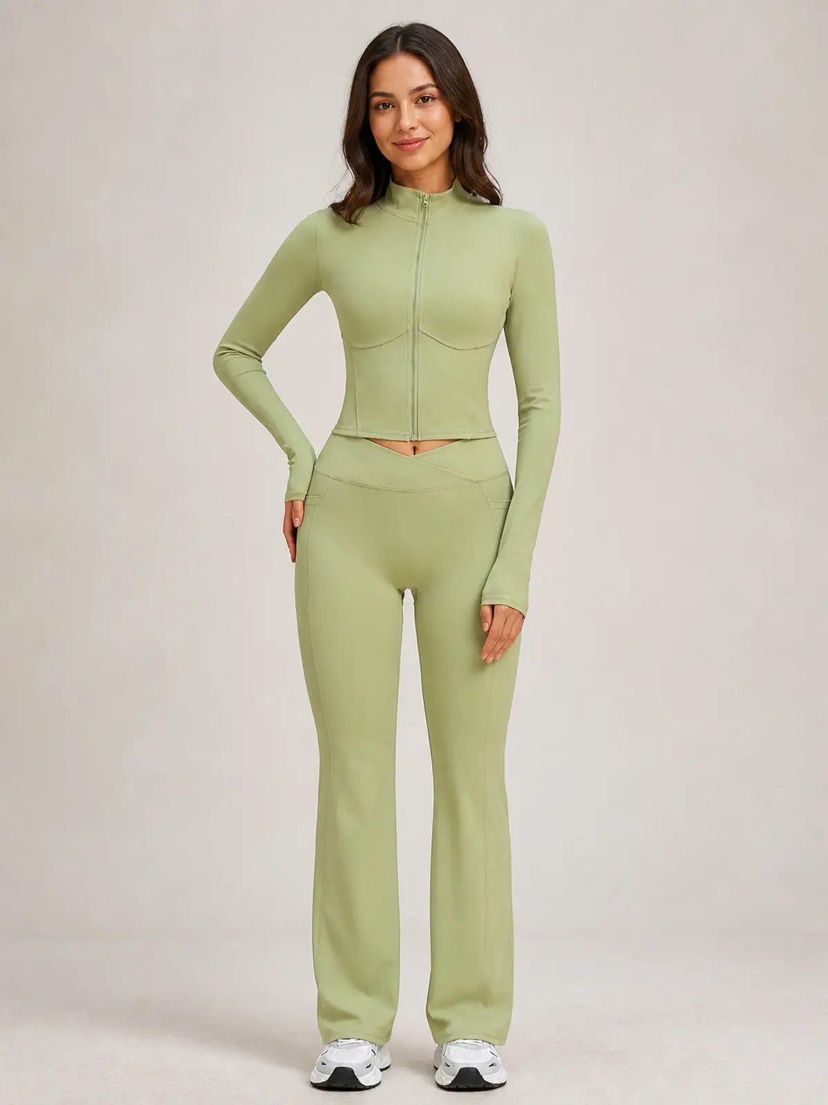 Garnet Frame Zip-Front Jacket and Flare Leggings Set — light sage green — general — authoritative variation match