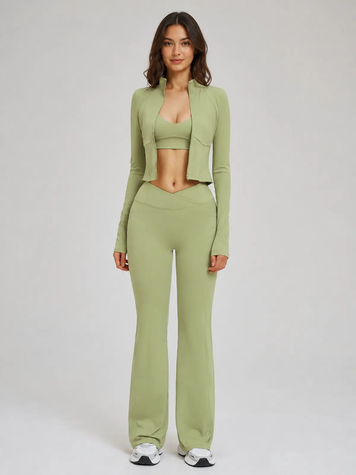 Garnet Frame Zip-Front Jacket and Flare Leggings Set — studio portrait