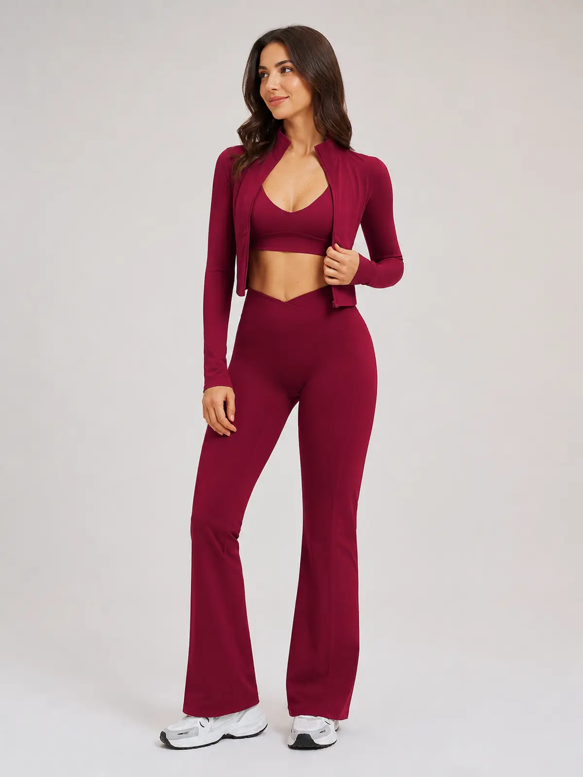 Garnet Frame Zip-Front Jacket and Flare Leggings Set — studio portrait