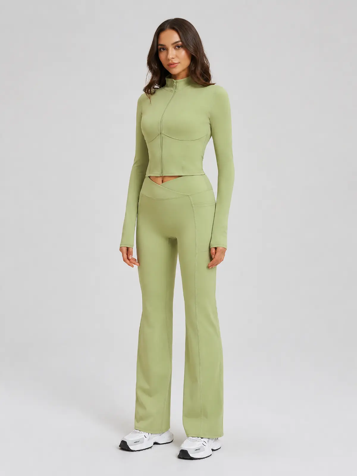 Garnet Frame Zip-Front Jacket and Flare Leggings Set — studio portrait