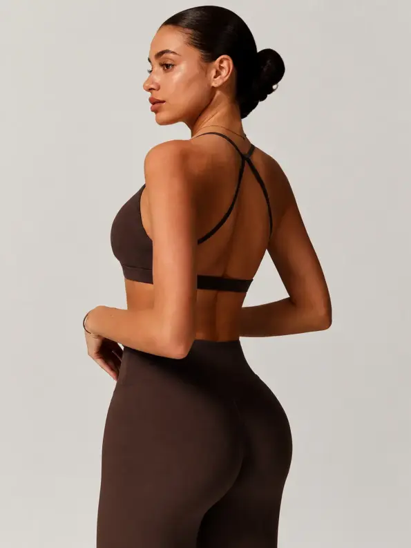 Gathered Current Ruched V-Neck Sports Bra — dark brown — sports-bra — authoritative variation match