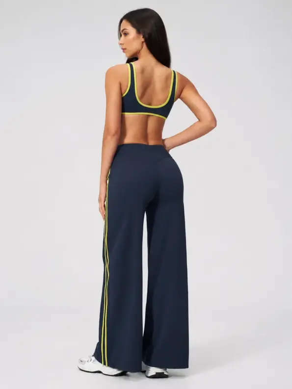 Grove Relay Contrast-Trim Sports Bra and Wide-Leg Pants Set — navy blue with yellow trim — general — authoritative variation match
