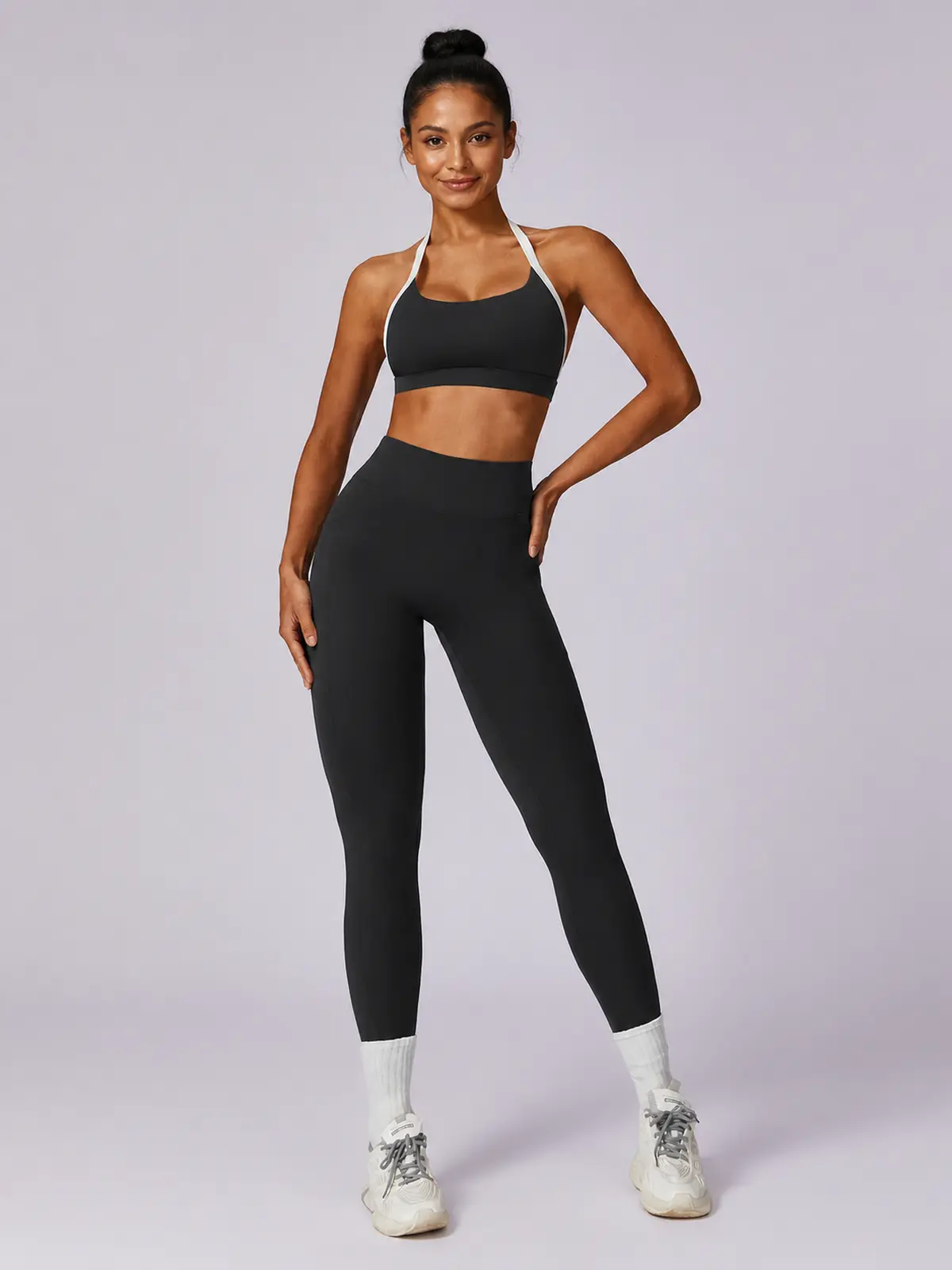 Halo Circuit Sports Bra and Full-Length Leggings Set — black with white trim — general — authoritative variation image