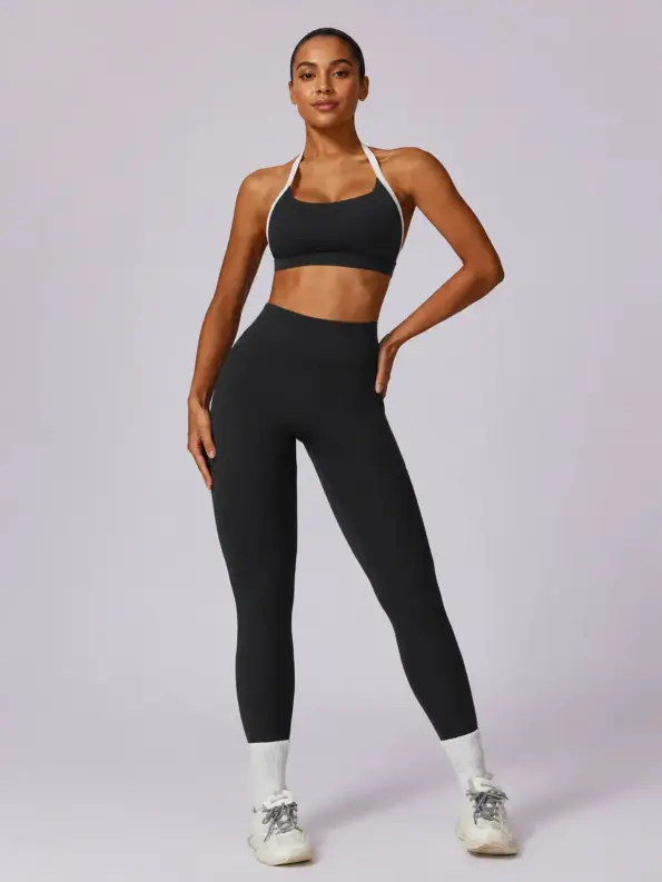 Halo Circuit Sports Bra and Full-Length Leggings Set — black with white trim — general — authoritative variation match