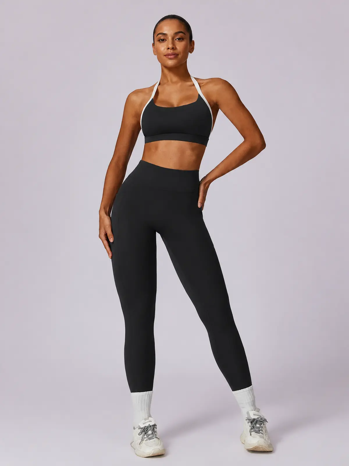Halo Circuit Sports Bra and Full-Length Leggings Set — black with white trim — general — authoritative variation match