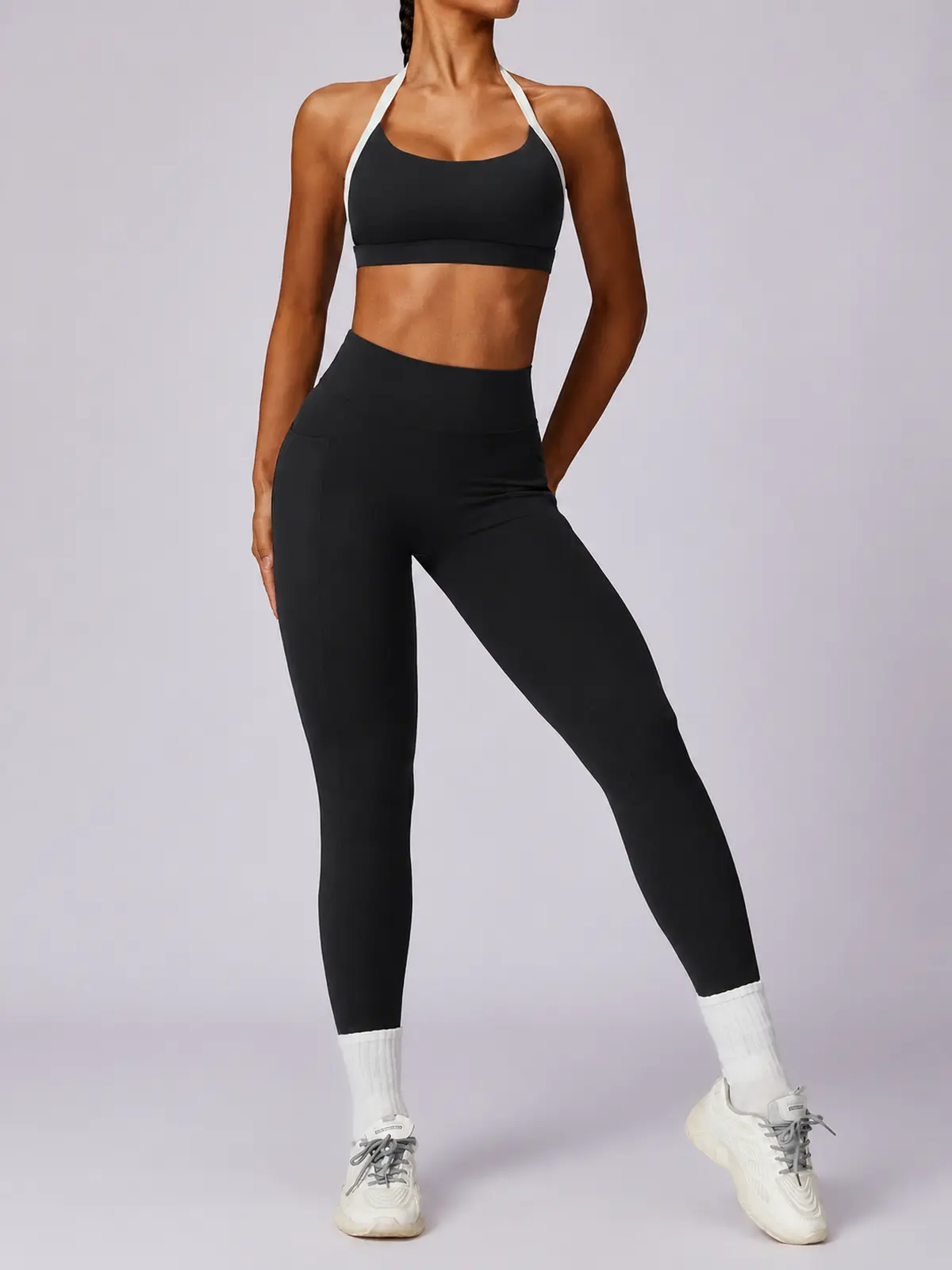 Halo Circuit Sports Bra and Full-Length Leggings Set — black with white trim — general — authoritative variation match