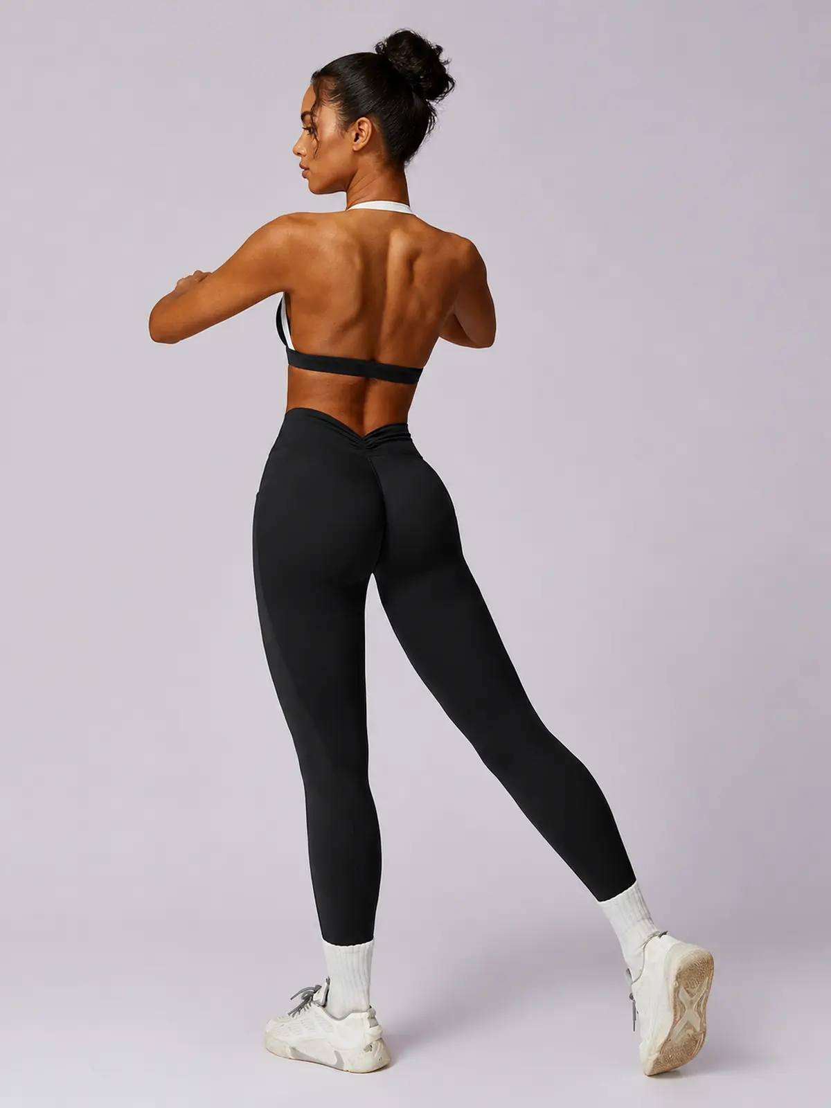 Halo Circuit Sports Bra and Full-Length Leggings Set — black with white trim — general — authoritative variation match