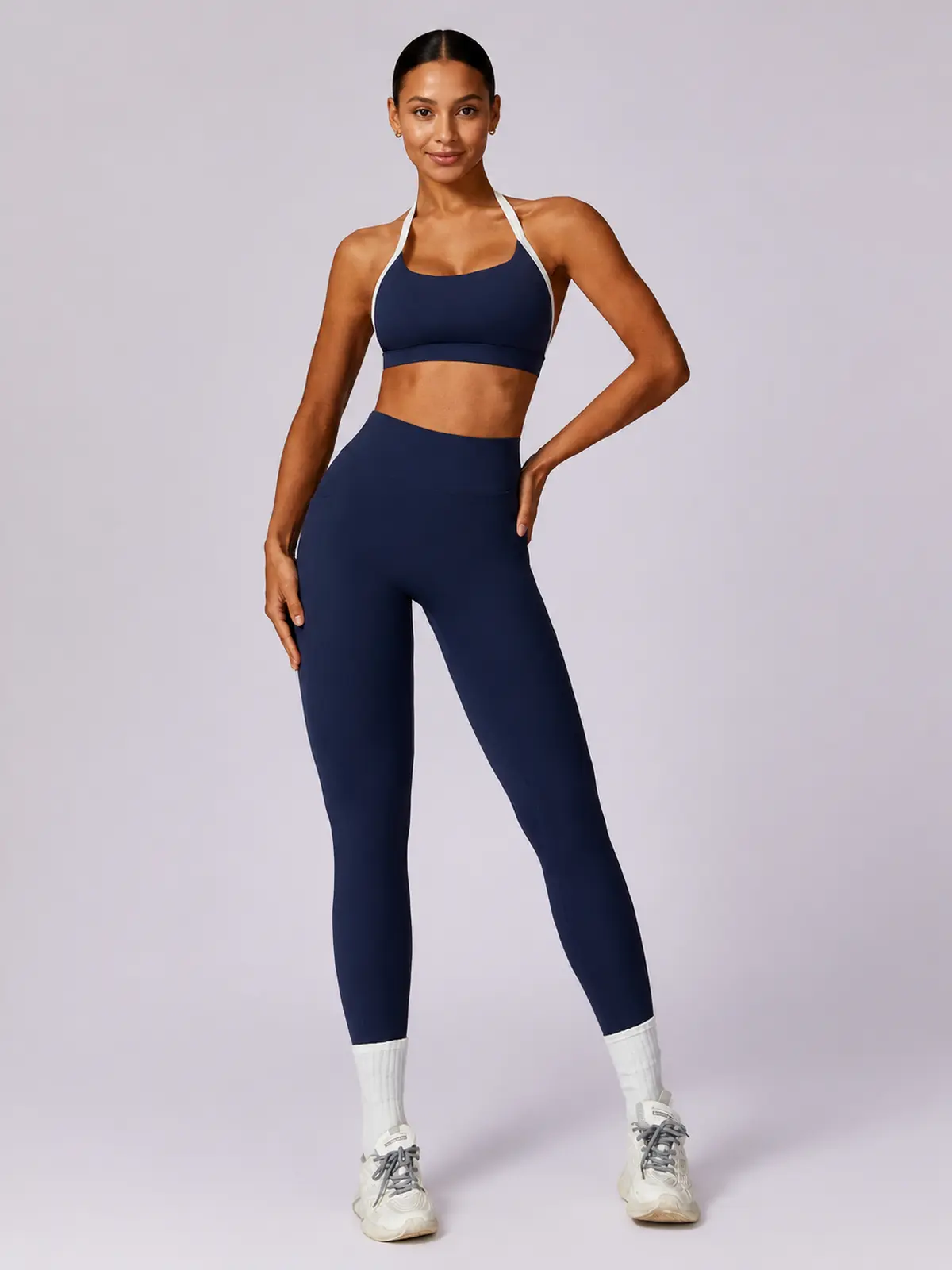 Halo Circuit Sports Bra and Full-Length Leggings Set — dark navy blue — general — authoritative variation image