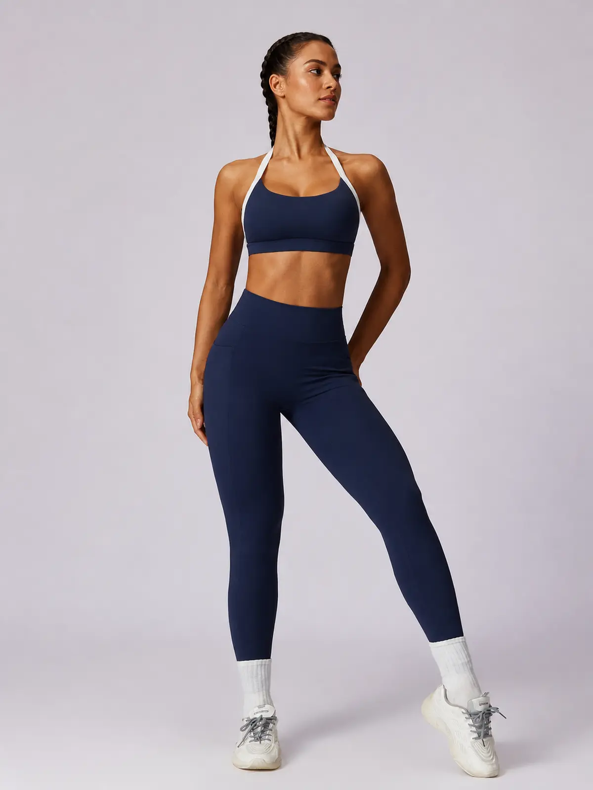 Halo Circuit Sports Bra and Full-Length Leggings Set — dark navy blue — general — authoritative variation match