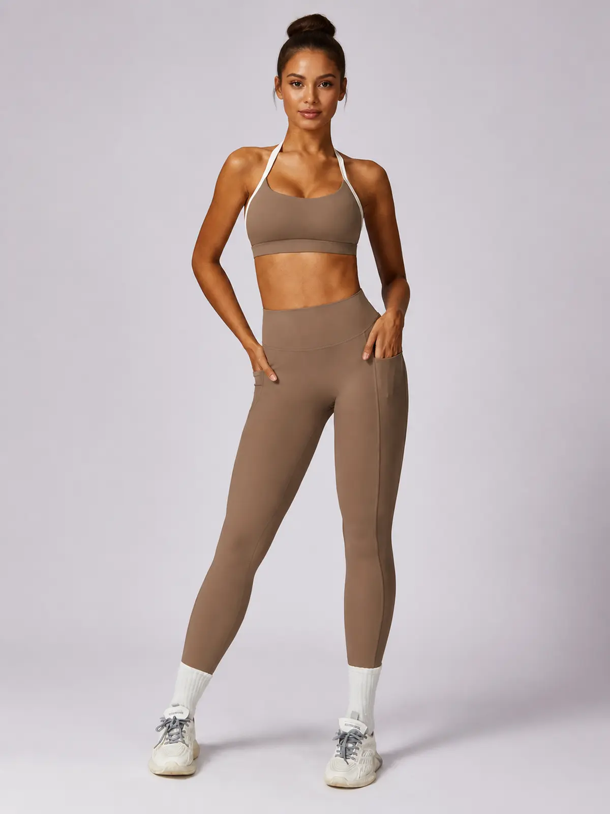 Halo Circuit Sports Bra and Full-Length Leggings Set — mocha brown with white trim — general — authoritative variation image