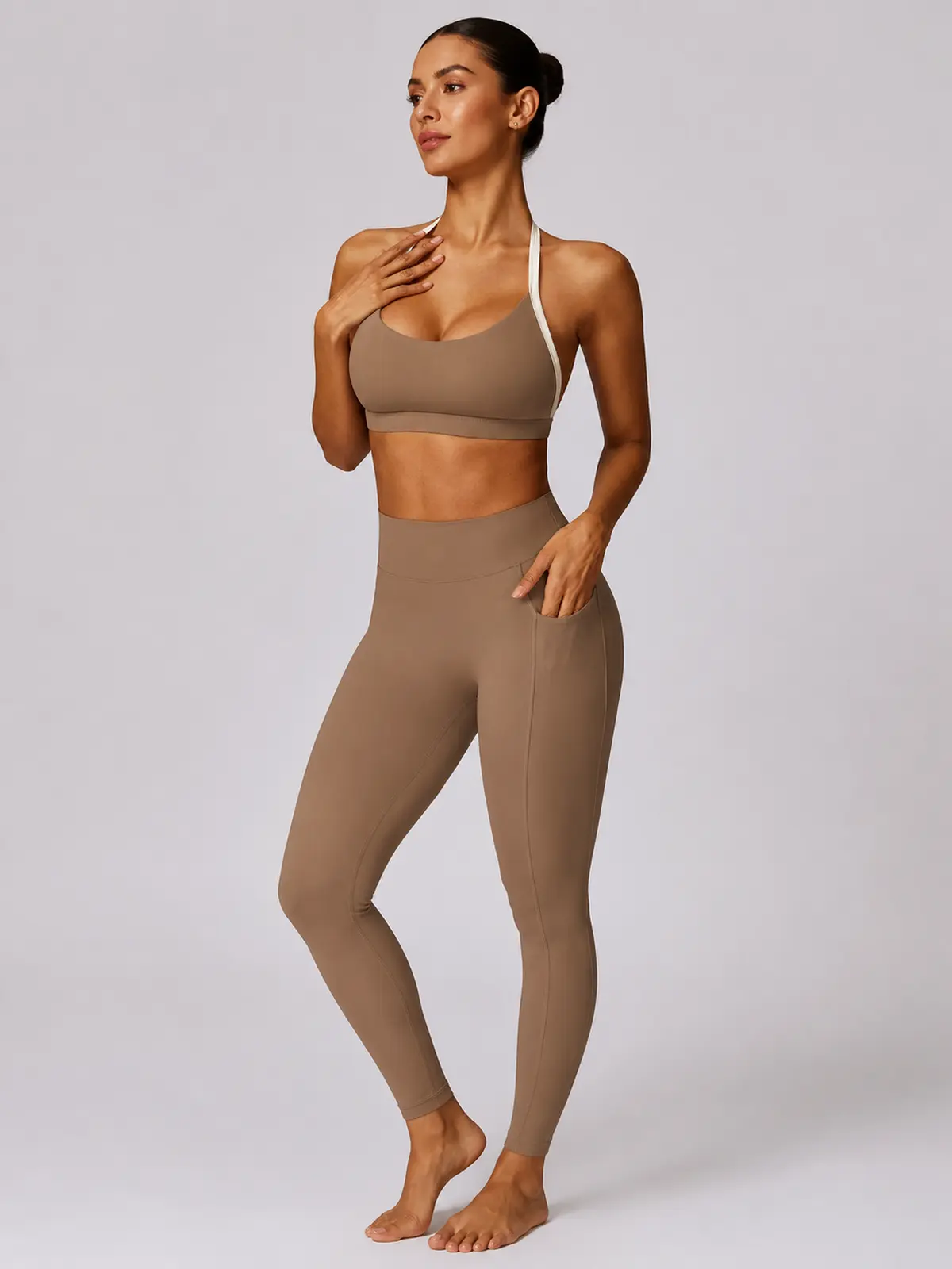Halo Circuit Sports Bra and Full-Length Leggings Set — mocha brown with white trim — general — authoritative variation match