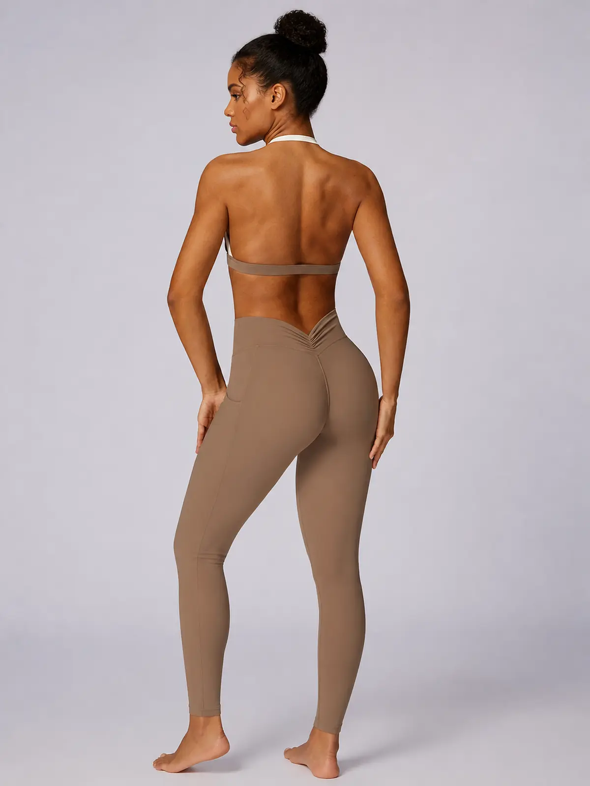 Halo Circuit Sports Bra and Full-Length Leggings Set — mocha brown with white trim — general — authoritative variation match