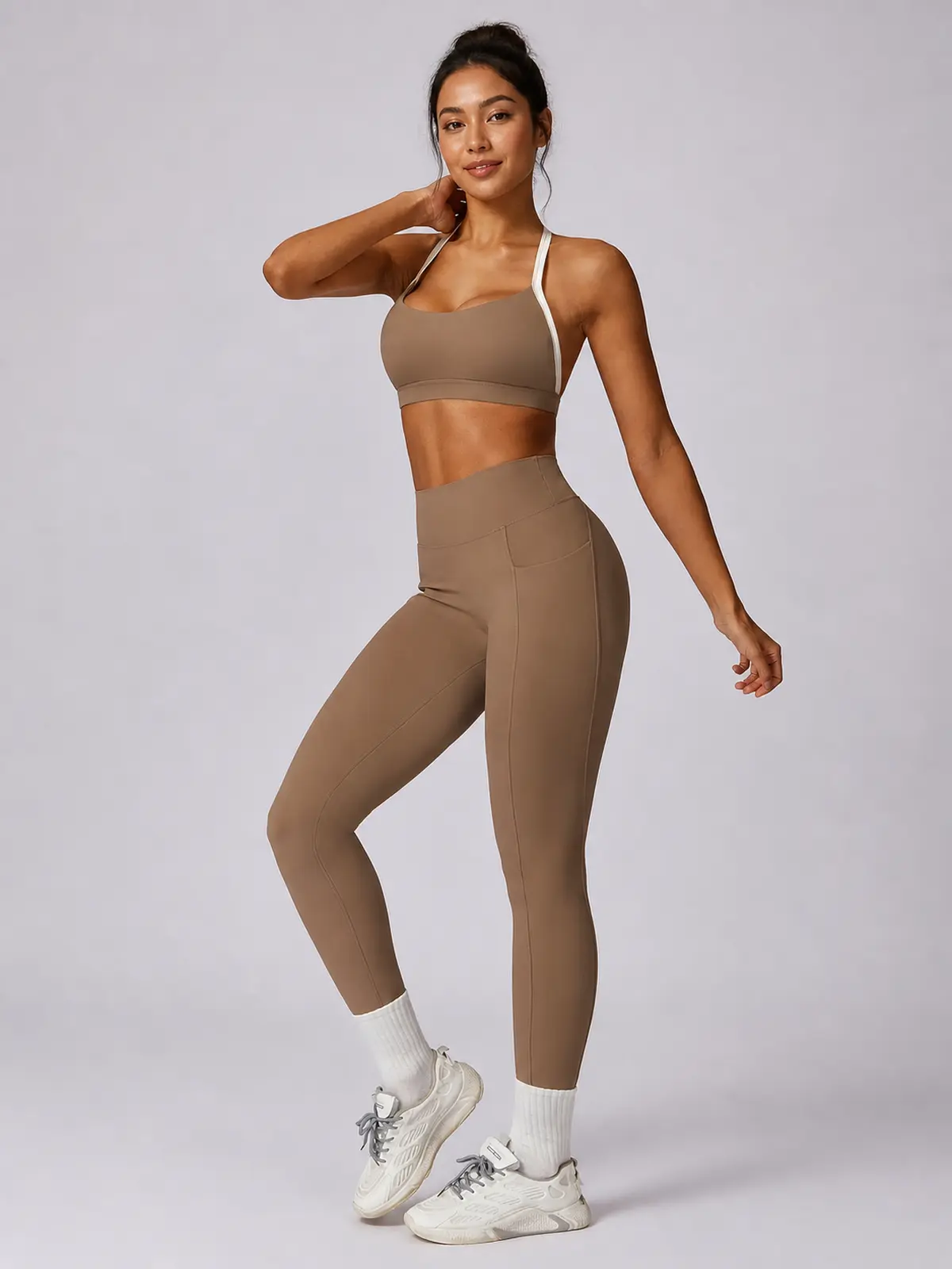 Halo Circuit Sports Bra and Full-Length Leggings Set — mocha brown with white trim — general — authoritative variation match