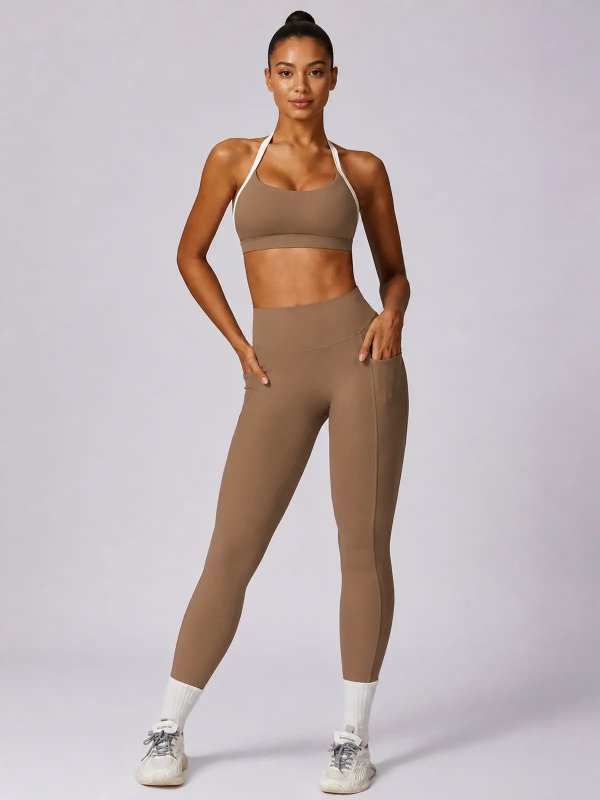 Halo Circuit Sports Bra and Full-Length Leggings Set — mocha brown with white trim — general — authoritative variation match