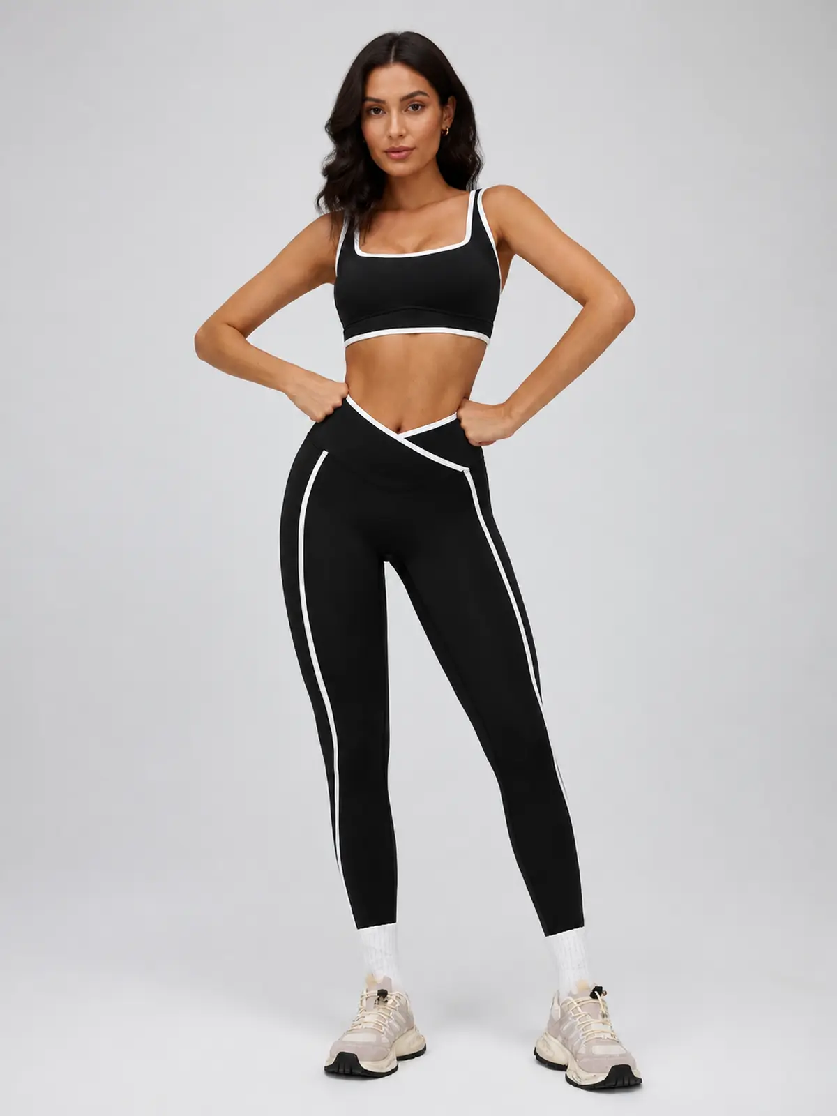 Harbor Gleam Square-Neck Sports Bra and Full-Length Leggings Set — black with white contrast trim — authoritative variation match