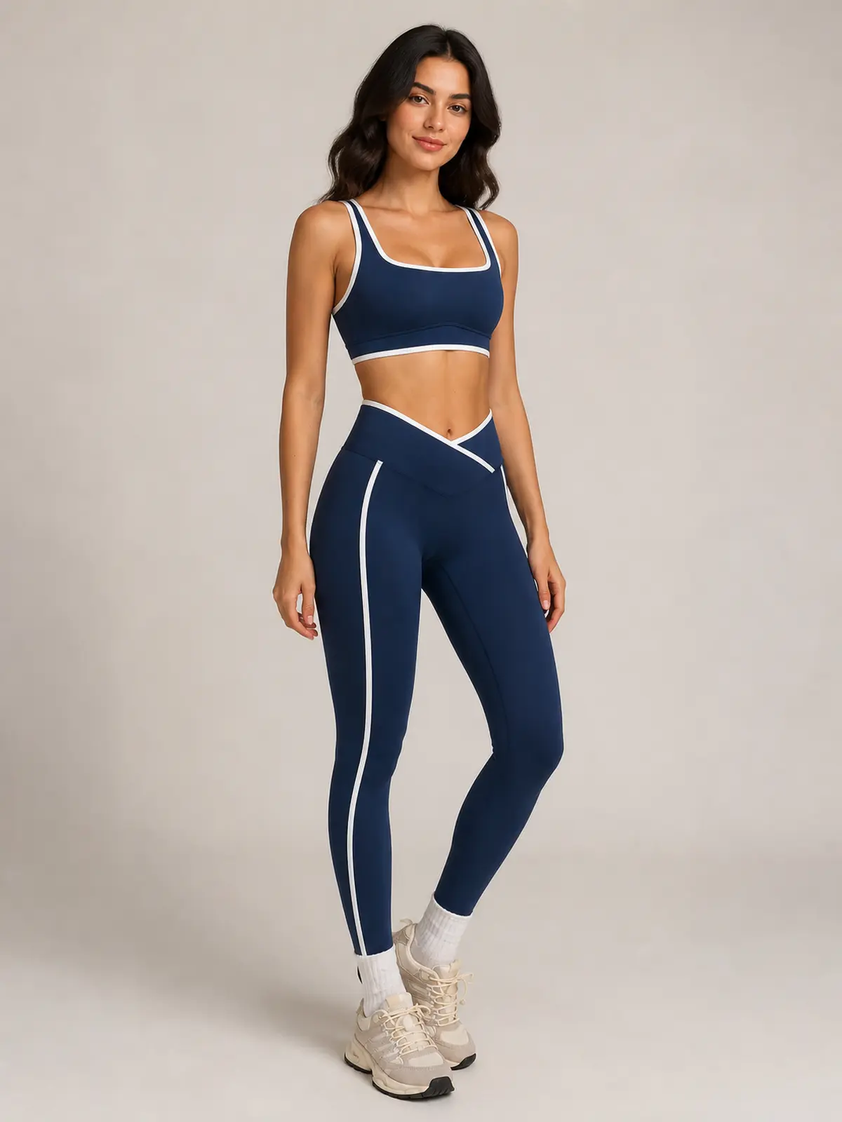 Harbor Gleam Square-Neck Sports Bra and Full-Length Leggings Set — dark navy blue with white contrast trim — general — authoritative variation match