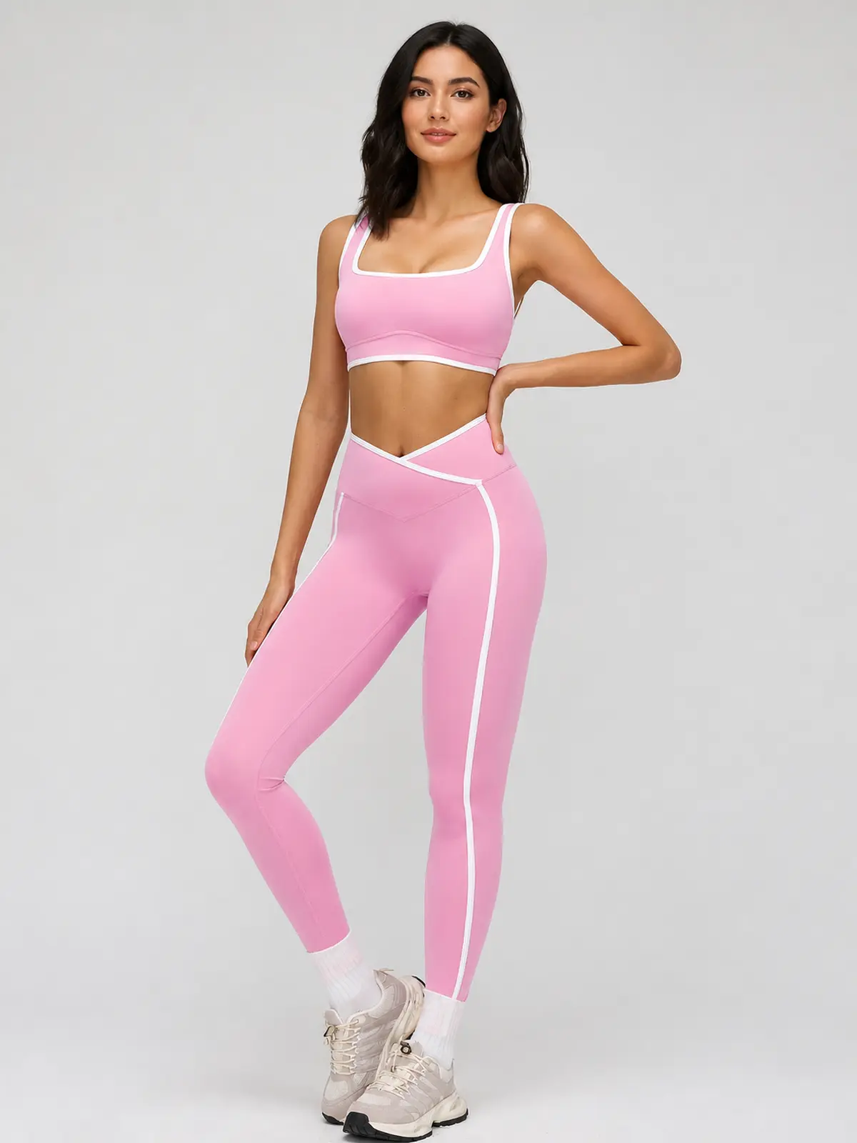 Harbor Gleam Square-Neck Sports Bra and Full-Length Leggings Set — pink with white trim — general — authoritative variation match