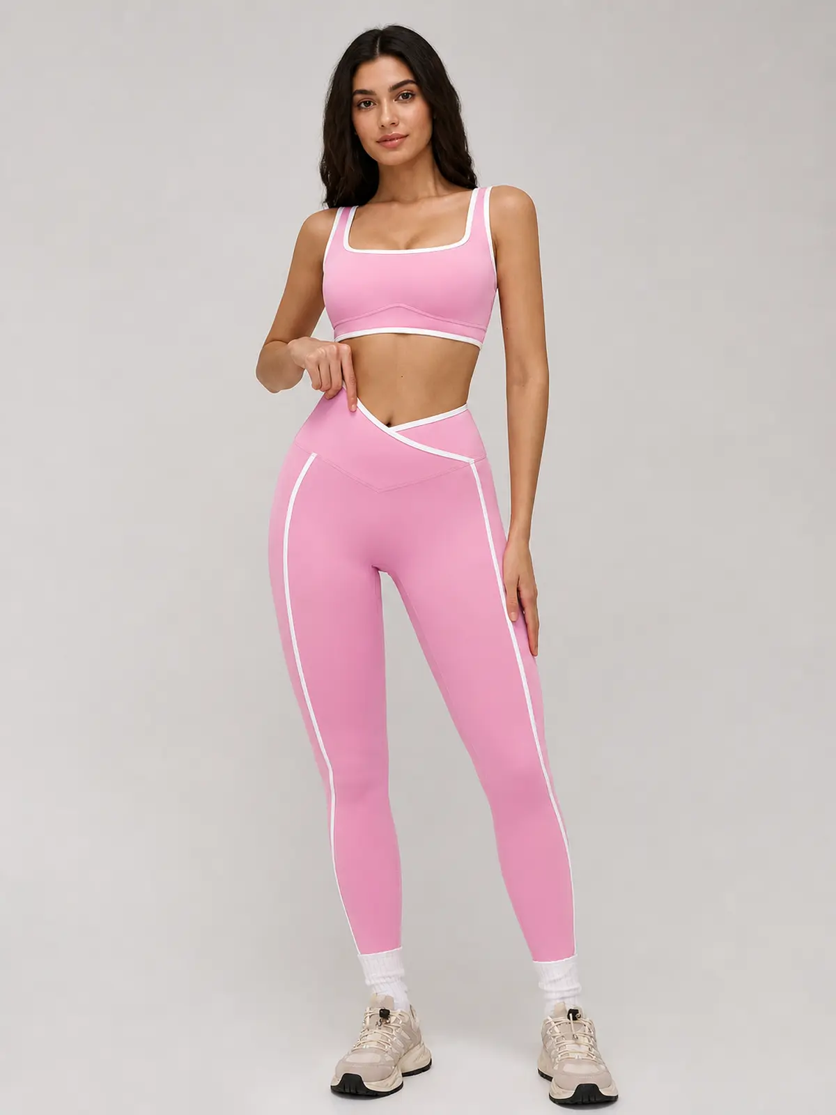 Harbor Gleam Square-Neck Sports Bra and Full-Length Leggings Set — pink with white trim — general — authoritative variation match