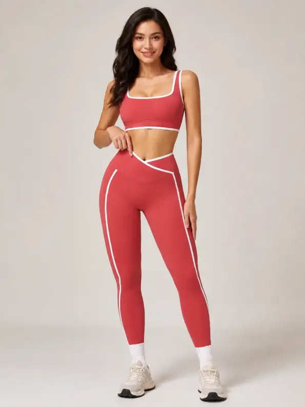 Harbor Gleam Square-Neck Sports Bra and Full-Length Leggings Set — raspberry red with white trim — general — authoritative variation match