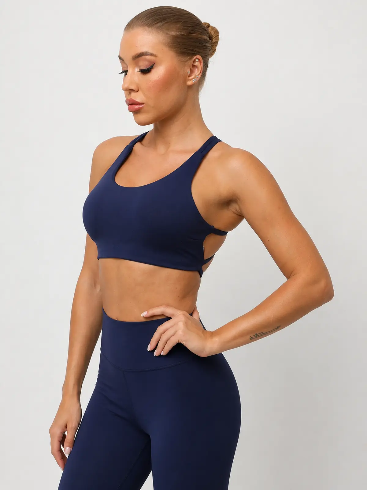 Harbor Lattice Crisscross-Back Sports Bra — navy blue — sports-bra — authoritative variation match