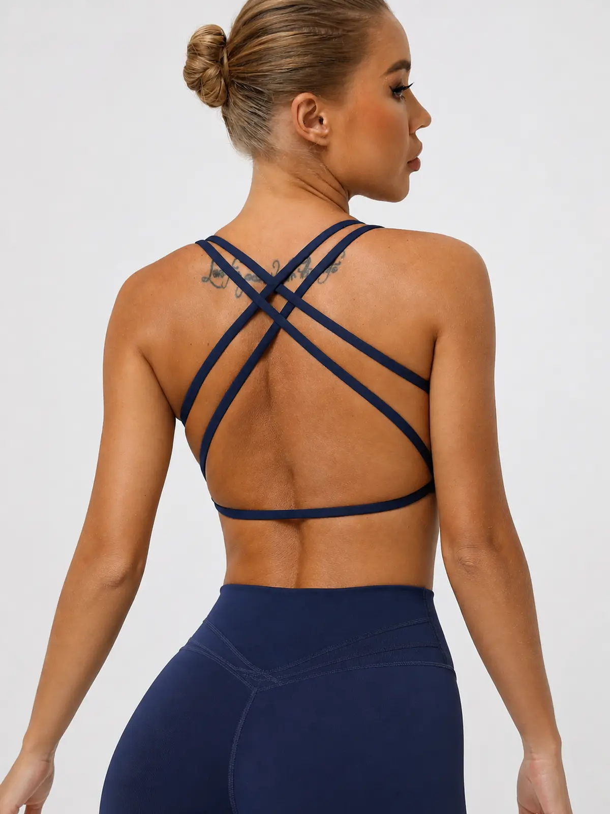 Harbor Lattice Crisscross-Back Sports Bra — navy blue — sports-bra — authoritative variation match