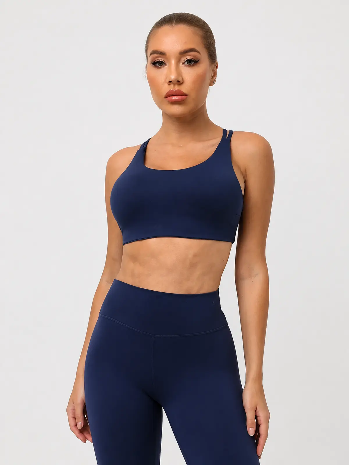 Harbor Lattice Crisscross-Back Sports Bra — navy blue — sports-bra — authoritative variation match
