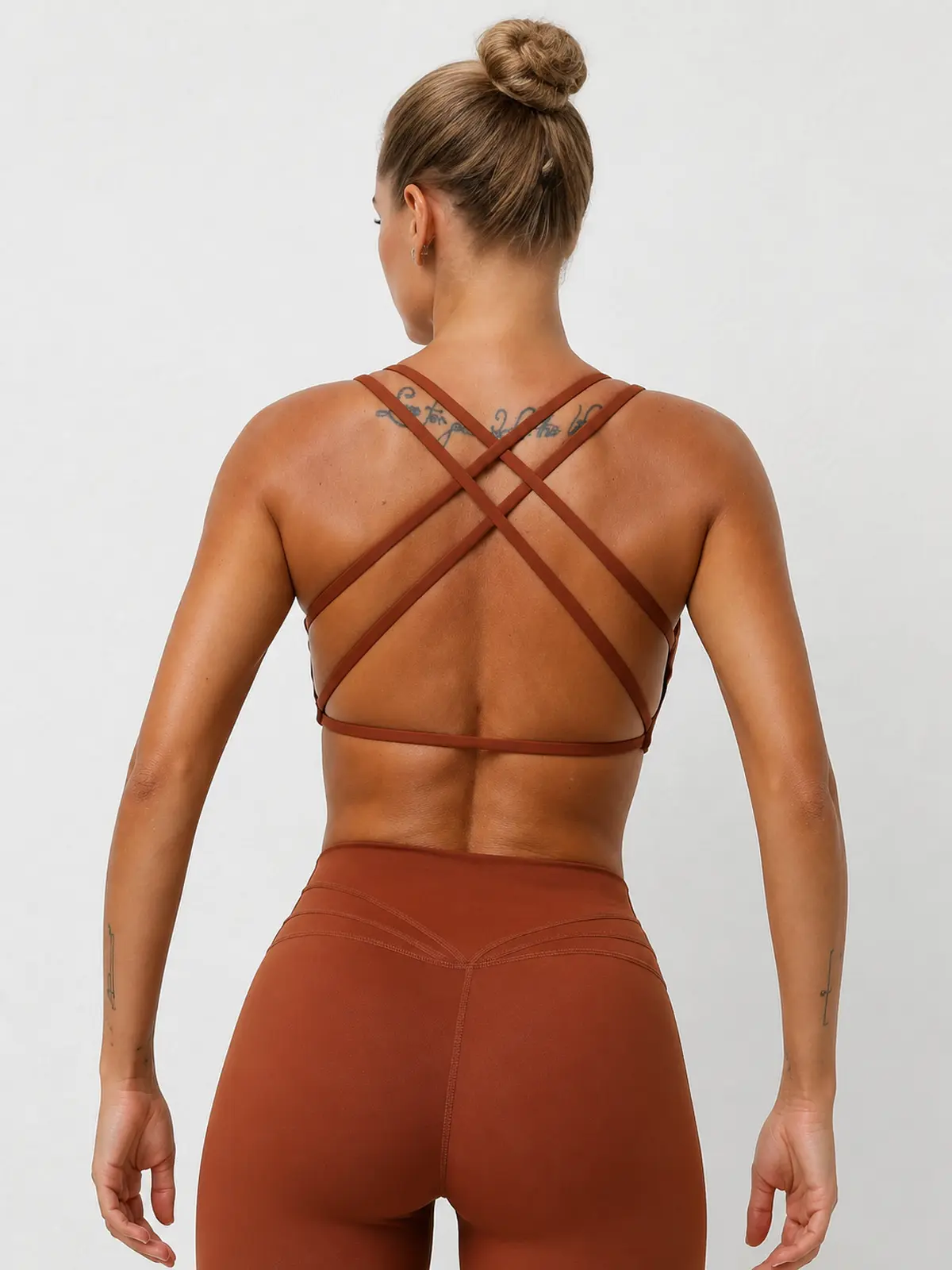 Harbor Lattice Crisscross-Back Sports Bra — rust brown — sports-bra — authoritative variation match